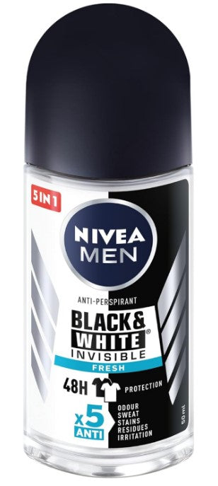 Nivea Roll-On Invisible B&W Clear, 50 ml, deodorant that protects against odor and prevents white marks and yellow stains