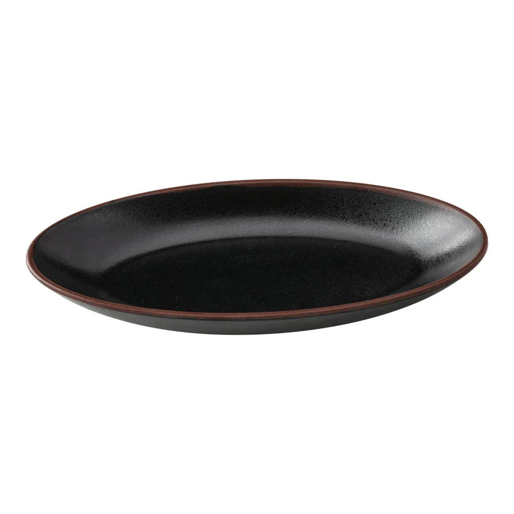 Yanco Deep Oval Plate NA-310BK Crafted from high-quality melamine, this plate is both durable and lightweight. Its oval shape and break-resistant design make it ideal for frequent use in commercial dining settings. Designed to be dishwasher safe, this plate ensures quick and efficient cleaning, which is essential for high-turnover environments. The black color with a speckled finish and brown rim adds a touch of sophistication, enhancing the presentation of any dish.