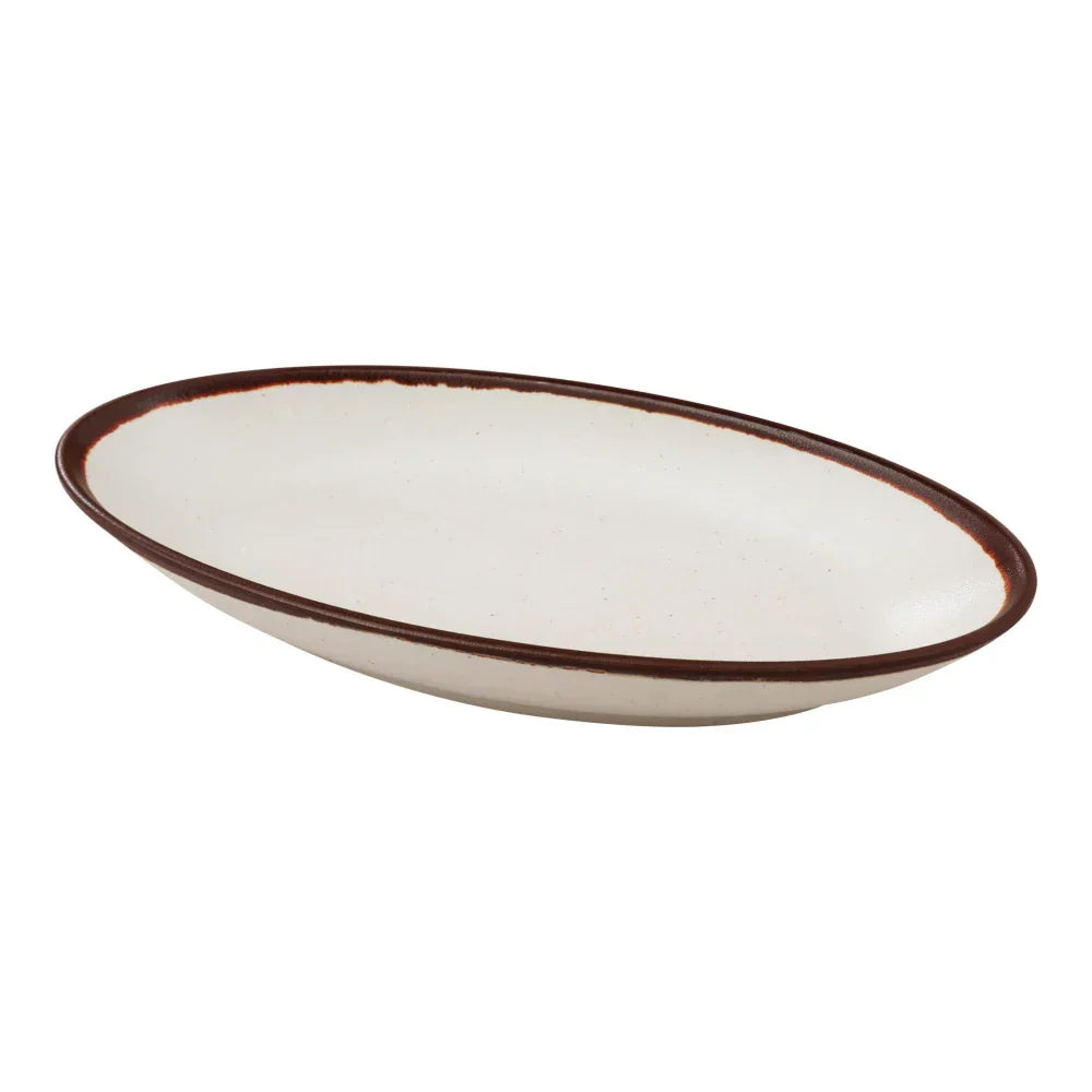 Yanco Deep Oval Plate NA-310 Crafted from high-quality melamine, this plate is both durable and lightweight. Its oval shape and break-resistant design make it ideal for frequent use in commercial dining settings. Designed to be dishwasher safe, this plate ensures quick and efficient cleaning, which is essential for high-turnover environments. The ivory color with a speckled finish and brown rim adds a touch of sophistication, enhancing the presentation of any dish.