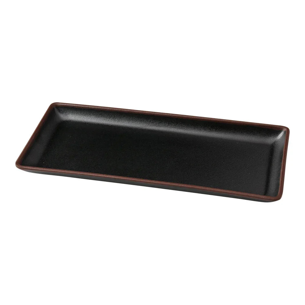 Yanco Rectangular Plate NA-411BK Made from high-quality melamine, this plate is both solid and lightweight. Its rectangular shape and break-resistant nature make it ideal for frequent use in commercial dining settings. This plate is designed to be dishwasher safe, ensuring easy and efficient cleaning, which is essential for busy hospitality environments. The black color with a speckled finish and brown rim adds a touch of sophistication, enhancing the presentation of any appetizer or dessert.