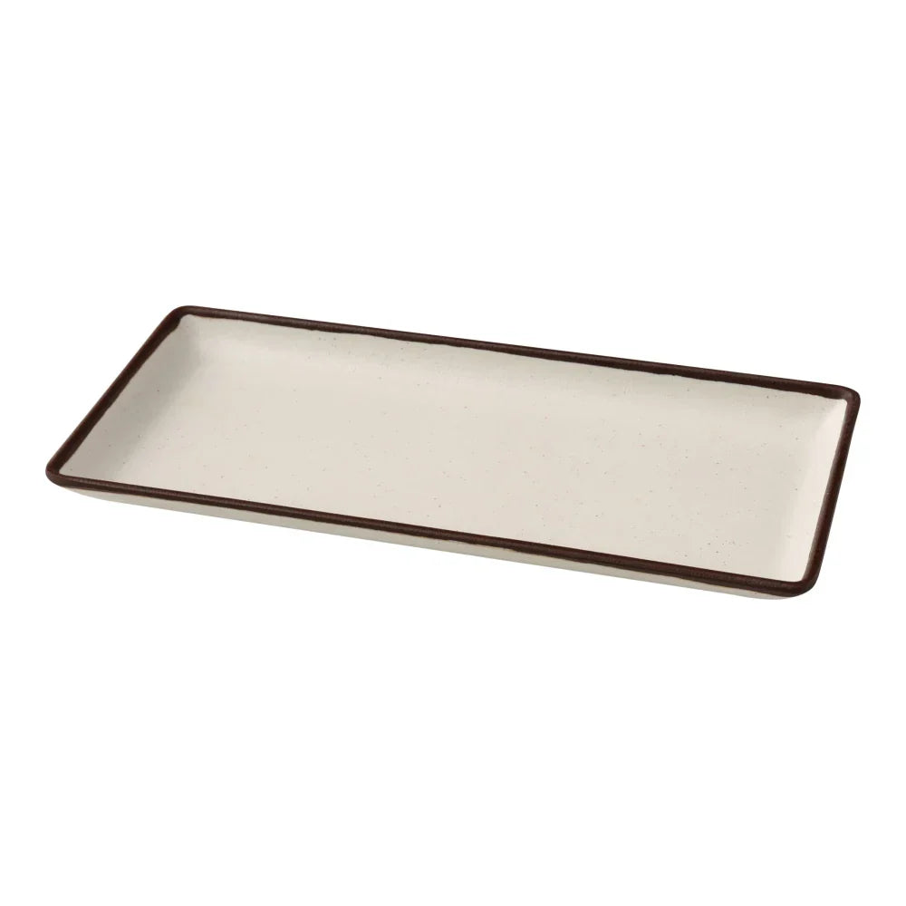 Yanco Rectangular Plate NA-411 Made from high-quality melamine, this plate is both solid and lightweight. Its rectangular shape and break-resistant nature make it ideal for frequent use in commercial dining settings. This plate is designed to be dishwasher safe, ensuring easy and efficient cleaning, which is essential for busy hospitality environments. The ivory color with a speckled finish and brown rim adds a touch of sophistication, enhancing the presentation of any appetizer or dessert.