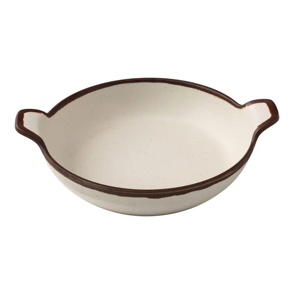 Yanco Bowl With Handle NA-509 Crafted from melamine, this bowl offers a 24-ounce capacity, making it suitable for a variety of dishes. It is both break-resistant and dishwasher safe, catering to the needs of high-use environments while ensuring easy maintenance. With its round shape and elegant ivory color accented by a brown rim, this bowl adds a touch of style to any dining setup.