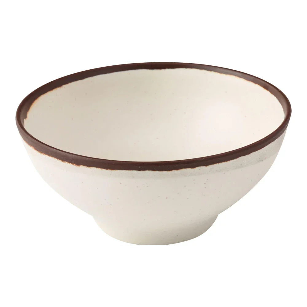 Yanco Bowl NA-606 Made from melamine, it is designed for both durability and ease of use, ideal for commercial settings such as hotels, restaurants, and cafes. Its break-resistant feature ensures it can handle the demands of a busy kitchen. With a round shape and a classic ivory speckled finish accented by a brown rim, this bowl adds a refined touch to any meal presentation.