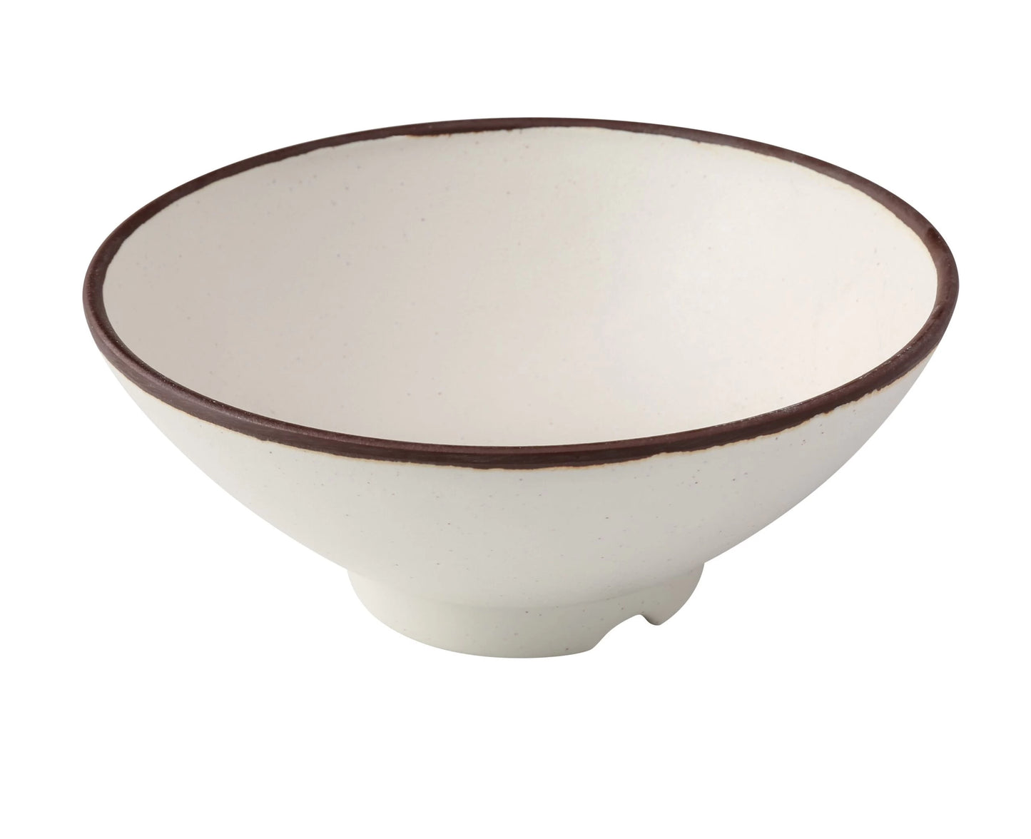 Yanco Ramen Bowl NA-607 Crafted from melamine, this bowl offers a 26-ounce capacity, making it suitable for a variety of dishes. It is both break-resistant and dishwasher safe, catering to the needs of high-use environments while ensuring easy maintenance. With its round shape and elegant ivory color accented by a brown rim, this bowl adds a touch of style to any dining setup.