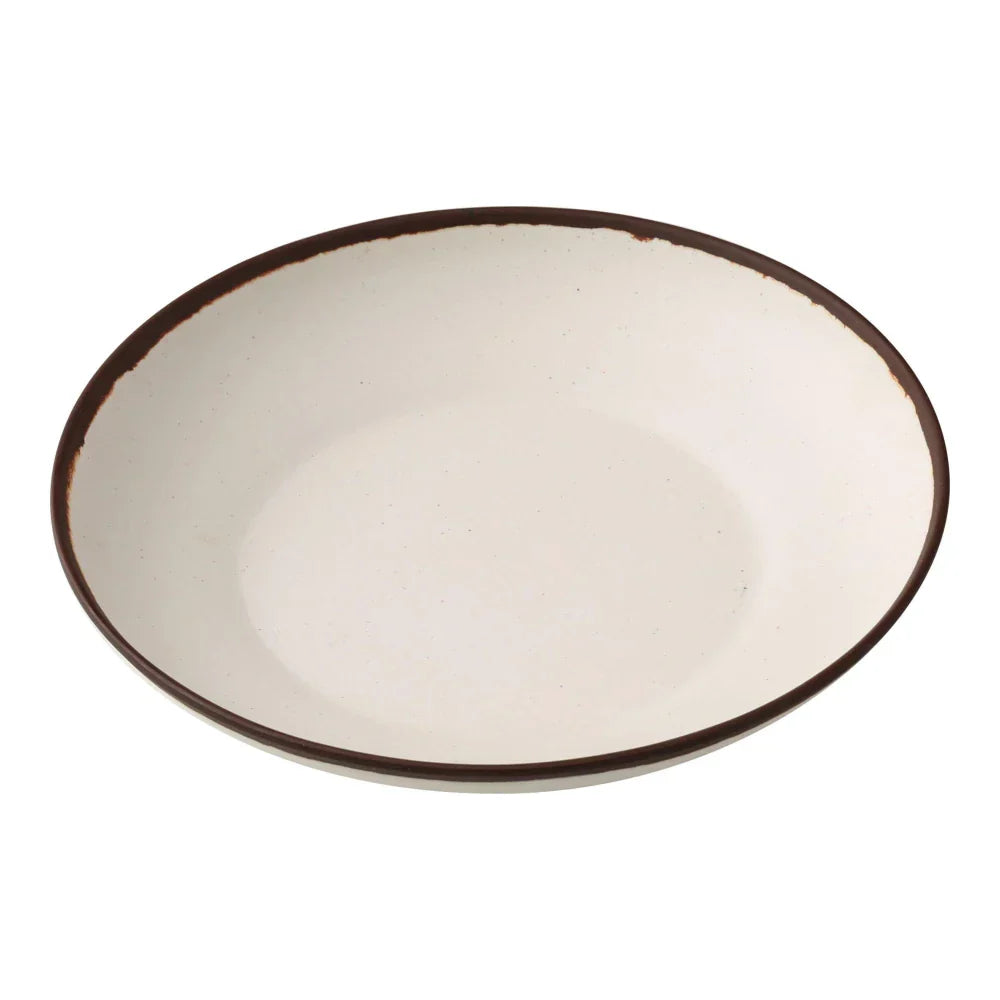 Yanco Salad/Pasta Bowl NA-709 Constructed from melamine, this bowl combines durability with a practical design for frequent use. Its elegant ivory speckled finish with a brown rim enhances the visual appeal, adding sophistication to any dining setup. The melamine material is not only break-resistant but also dishwasher safe, making cleanup effortless and suitable for high-volume dining establishments.