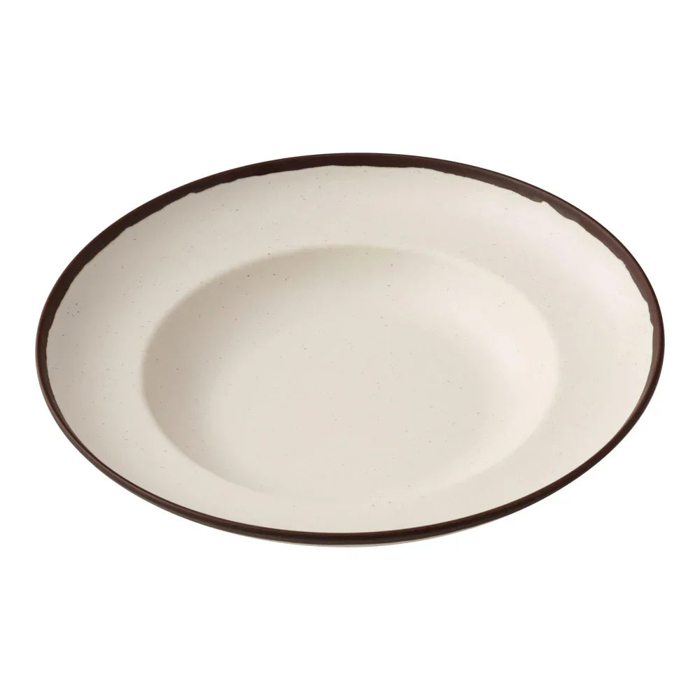 Yanco Mediterrean Pasta Bowl NA-810 Crafted from melamine, this bowl is designed to be both durable and stylish, fitting seamlessly into various dining environments. Its white color with an ivory speckled finish and brown rim adds a refined touch to any table setting. With a 12-ounce capacity, this bowl is perfect for serving pasta, salads, or other side dishes. The melamine material ensures that the bowl is break-resistant and can withstand daily use in hotels, restaurants, and cafes.