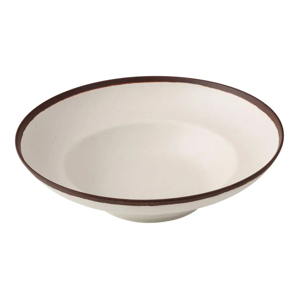 Yanco Deep Mediterranean Bowl NA-811 Constructed from high-quality melamine, this bowl is built to handle the demands of frequent use while maintaining its aesthetic appeal. Its white color, coupled with an ivory speckled finish and brown rim, provides a sophisticated look that enhances any dining experience. With a capacity of 20 ounces, this bowl is perfect for serving generous portions of pasta, salads, or other dishes.
