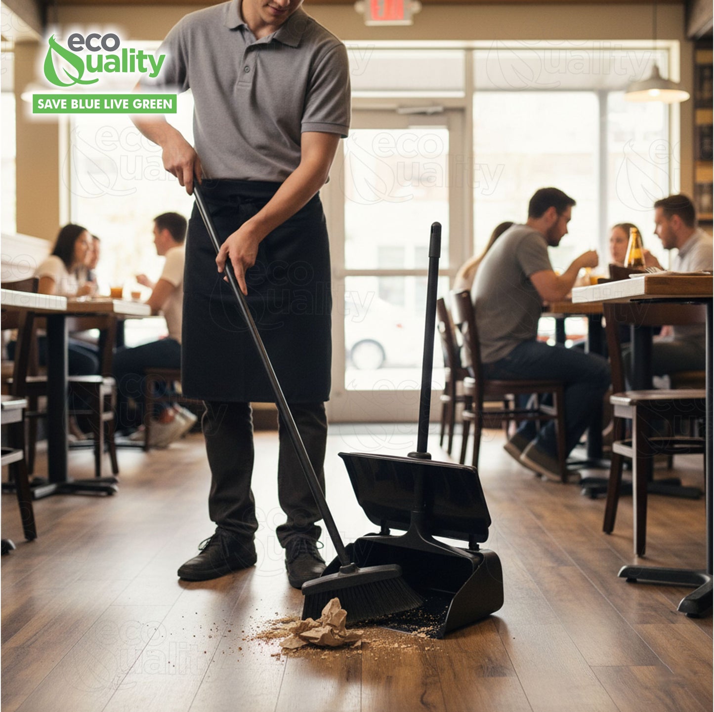 Pivoting Plastic Lobby Dust Pan with Plastic Handle with Cover 38" Length Black