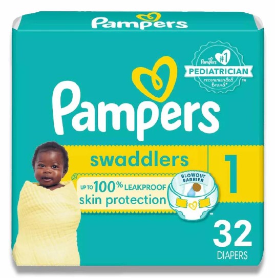 Pampers Swaddlers Baby Diapers, Size 1, 32 ct, soft and absorbent diapers with gentle fit and wetness indicator for newborns.