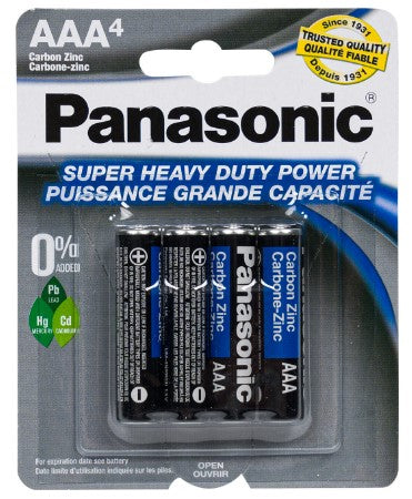 Panasonic Heavy Duty AAA Batteries, 4-pack, reliable and long-lasting power for small devices like remotes, clocks, toys, and flashlights.