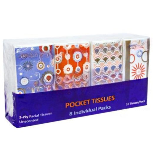 Pocket tissues 10-pack, travel tissues, soft facial tissues, mini tissue packs, on-the-go tissues, portable tissues, resealable tissue pack, allergy relief tissues, purse tissues.