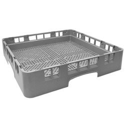 Stanton Trading Full-size flatware rack measuring 19-5/8"W x 19-5/8"D x 4"H, with 3-1/4"H compartments. Features an open bottom and sidewalls for optimal drainage and airflow. Gray color with snap-fit extenders for adjustable height. Stackable design for easy storage and transport.