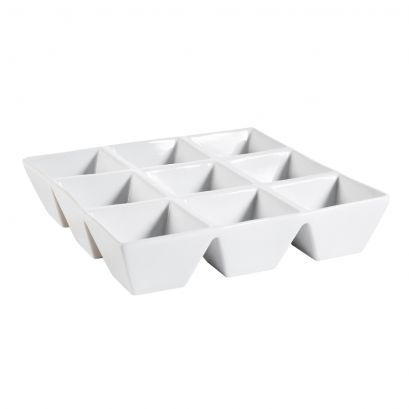 C.A.C. 9" 9-Compartment Square Tray – Durable, chip-resistant porcelain tray with nine sections for organized meal service. 12 per case. SKU: RSCAC-CMP-SQ9.
