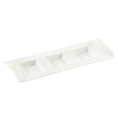 C.A.C. 10 1/8" 3-Compartment Rectangular Tasting Tray – Sleek, chip-resistant porcelain tray with three sections for sauces and tastings. 24 per case. SKU: RSCAC-CN-3T10.