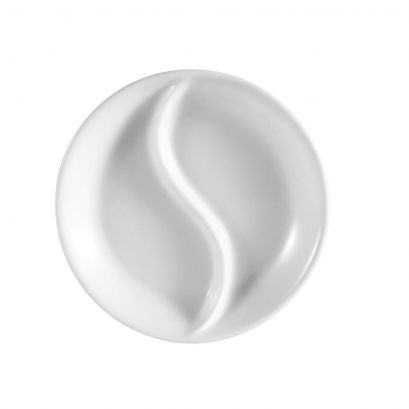 C.A.C. 2 Compartment Round Dish – 3 1/2" durable porcelain dish with two sections, ideal for sauces and condiments. Sold 72 per case. SKU: RSCAC-CN-D5.