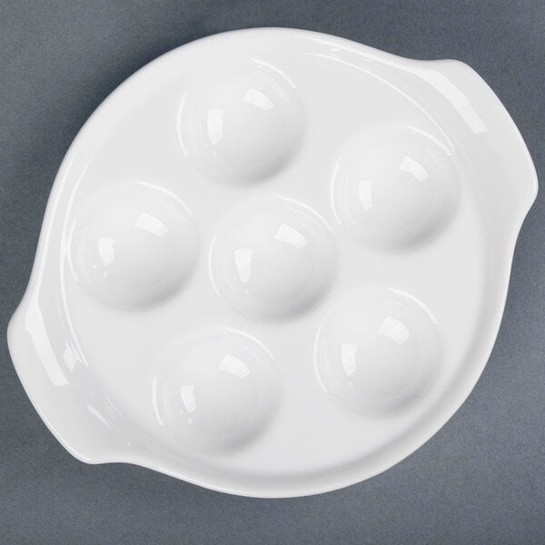 C.A.C. Escargot Dish 8 1/2" – White porcelain plate with six wells for escargot, elegant and durable for upscale dining. 24 per case. SKU: RSCAC-ESD-8.