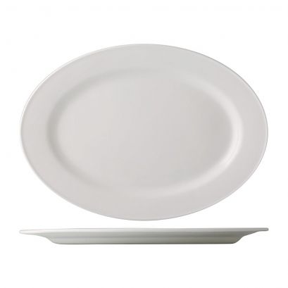 C.A.C. Oval Platter – 10 1/2" white porcelain serving dish, chip-resistant and elegant. Sold 24 per case. SKU: RSCAC-EVT-12.