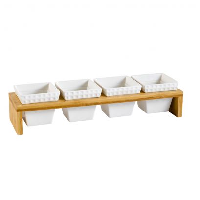 C.A.C. PTW-5 four 7 oz square bowls with rectangular bamboo stand, case of 12