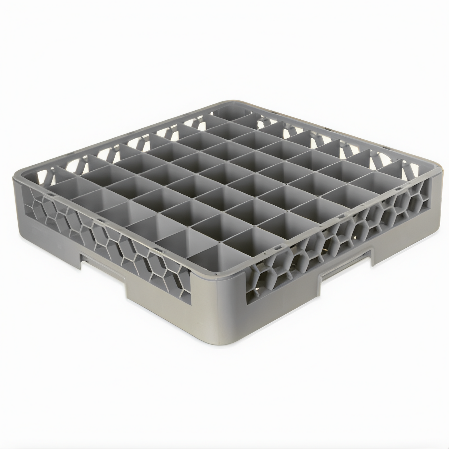 Stanton Trading Full-size glass/stemware rack with 49-compartment, 2-5/8" square compartments, open bottom and sidewalls for efficient drainage, and a maximum inside height of 2-5/8"". Measures 19-5/8" x 19-5/8" and comes in gray with snap-fit extenders for customizable height. Stackable design for easy storage and transport.
