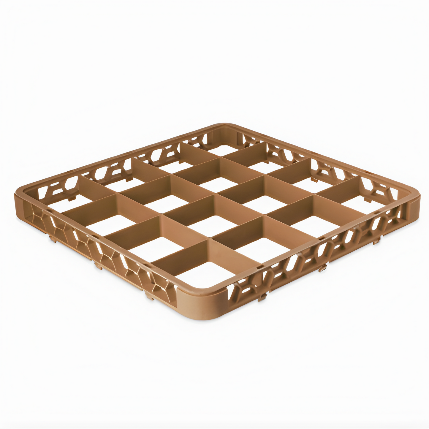 Stanton Trading Full-size dishwasher rack extender with 16-compartment, 4-7/16" x 4-7/16" compartments size, measuring 19-5/8"W x 19-5/8"D x 1-3/4"H. Designed to increase rack height for added protection and stability. Brown color, durable, and compatible with standard dishwasher racks.