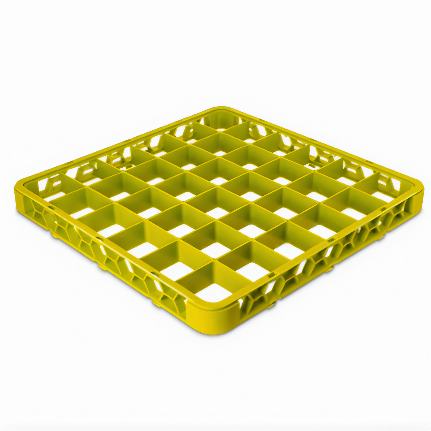 Stanton Trading Full-size dishwasher rack extender with 36-compartmnet, 3" x 3" compartments size, measuring 19-5/8"W x 19-5/8"D x 1-3/4"H. Designed to increase rack height for improved protection and stability. Yellow color, durable, and compatible with standard dishwasher racks.