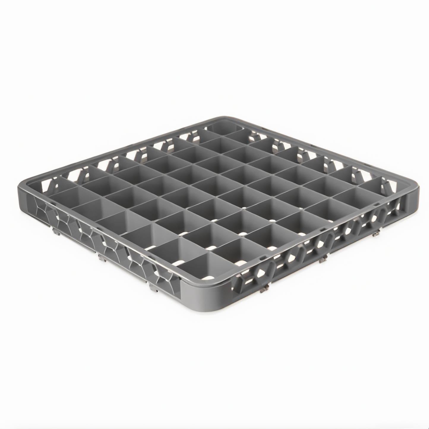 Stanton Trading Full-size dishwasher rack extender with 49-compartment, -5/8" x 2-5/8" compartments size, measuring 19-5/8"W x 19-5/8"D x 1-3/4"H. Designed to increase rack height for enhanced protection and stability. Gray color, durable, and compatible with standard dishwasher racks.