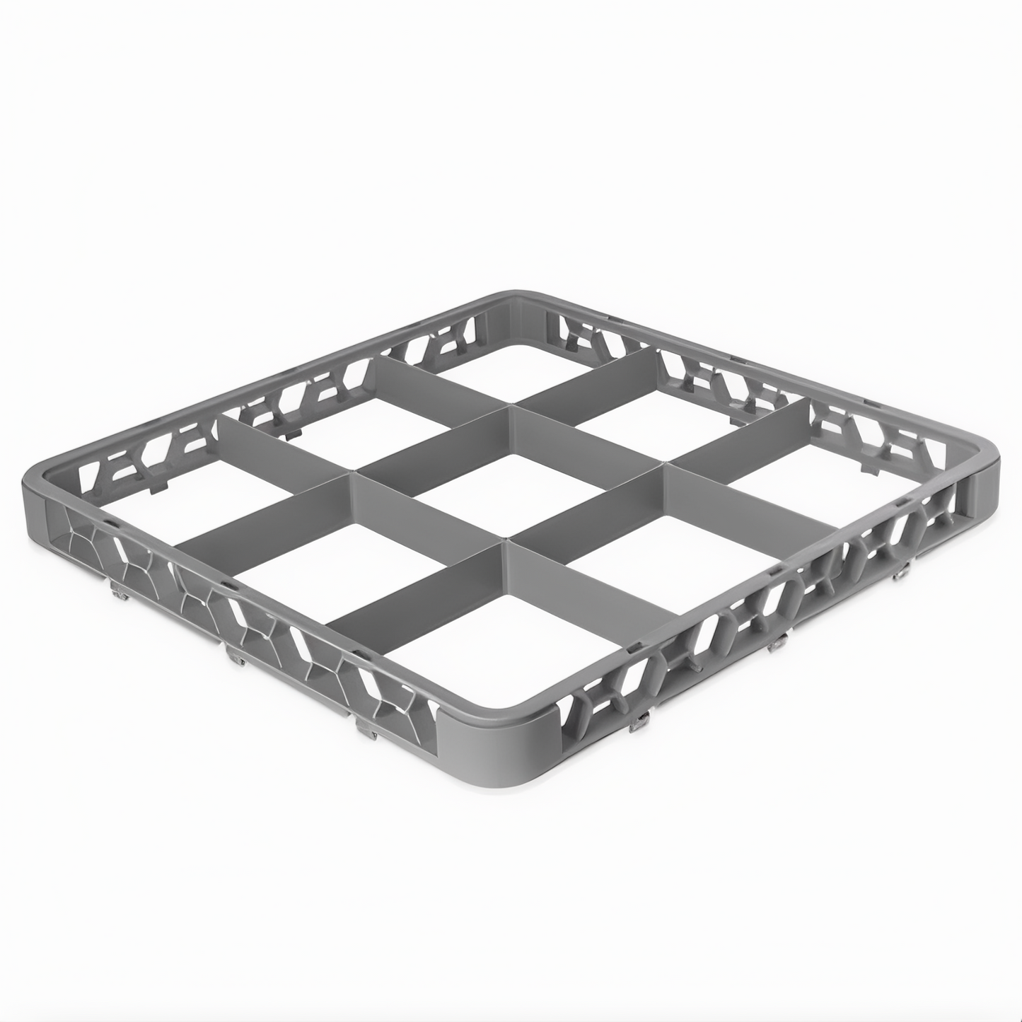 Stanton Trading Full-size dishwasher rack extender with 9-compartment, 6" x 6" compartments size, measuring 19-5/8"W x 19-5/8"D x 1-3/4"H. Designed to expand rack height for better protection and stability. Gray color, durable, and compatible with standard dishwasher racks.