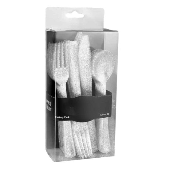 Glitter Combo Cutlery Box with premium disposable forks, knives, and spoons in Gold, Silver, and Blue—perfect for weddings, parties, and catering events with a stylish, shimmering design.