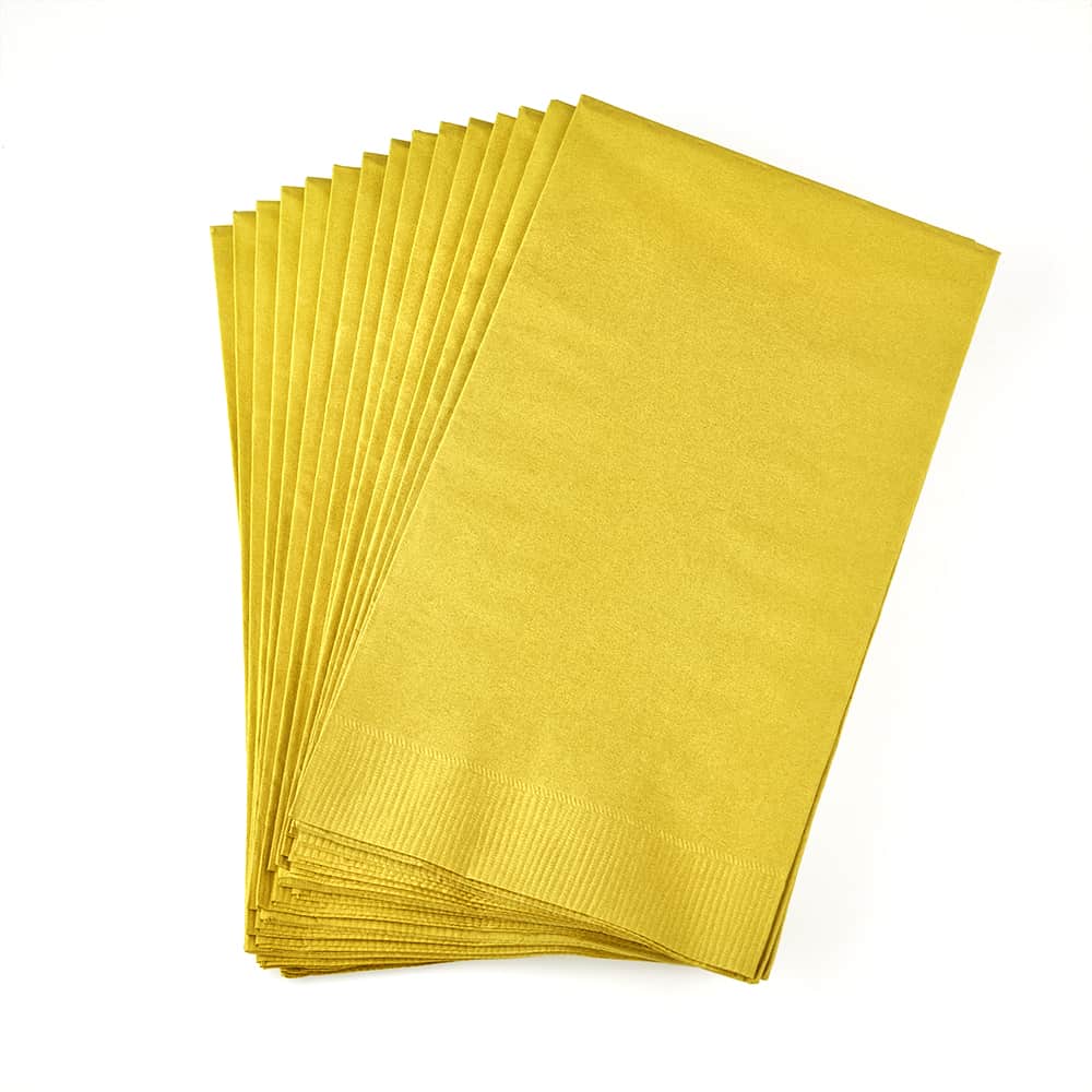 Elegant gold 3-ply bistro napkins for upscale dining. Soft, absorbent, and durable for weddings, restaurants, and special events. Perfect for stylish and convenient table settings.