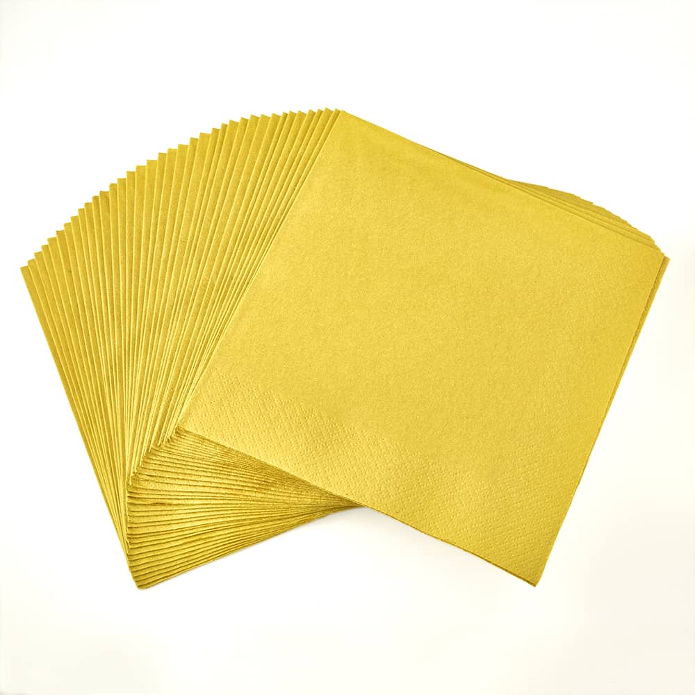 Luxurious gold 3-ply napkins for lunch and beverages. Soft, absorbent, and elegant for weddings, parties, and special events. Disposable yet stylish for any occasion.