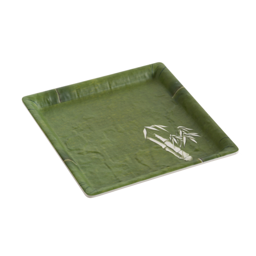 Yanco Square Plate BA-108 It is made from durable and reliable melamine material, which makes the plate look like ceramics. You can use this stylish plate to serve any dish you want. For example, you can use it for presenting cakes, appetizers or serving hot meals. The Bamboo collection has an elegant and stylish design. Performed in classic green color and natural bamboo look design, it will perfectly fit any restaurant environment.