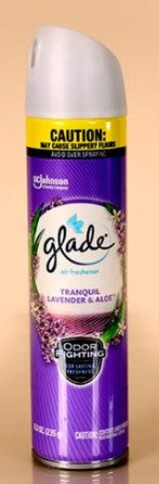 Glade Tranquil Lavender & Aloe air freshener twin pack, two 8.3 oz cans with a calming, long-lasting scent.