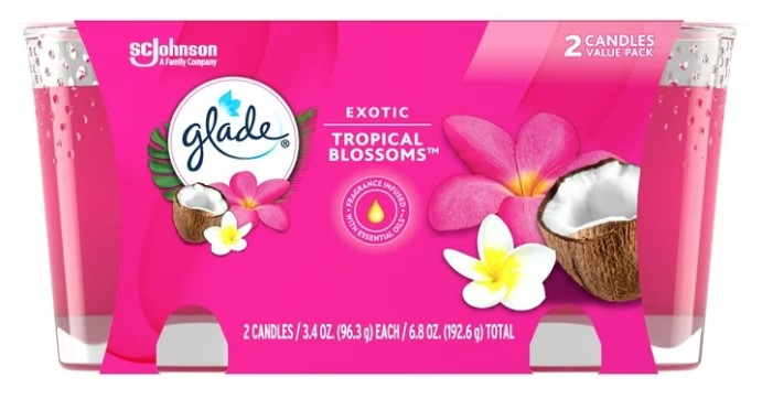 Two Glade Tropical Blossoms scented candles in glass jars, 3.4 oz each, with an exotic floral and fruity fragrance.