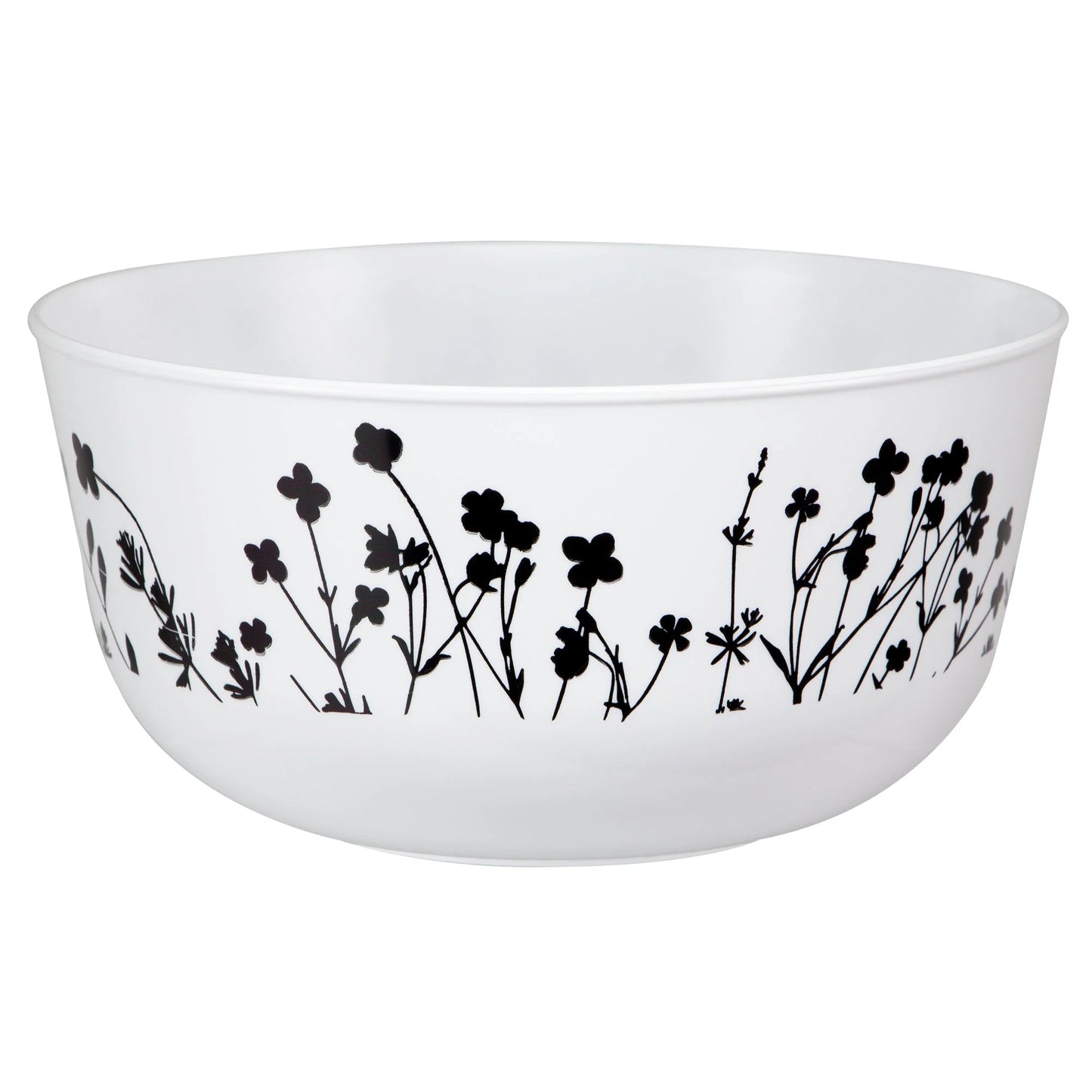 Wildflower 24oz Black on White Bowl featuring a bold floral design, ideal for serving soups, salads, and sides at elegant weddings, parties, or events