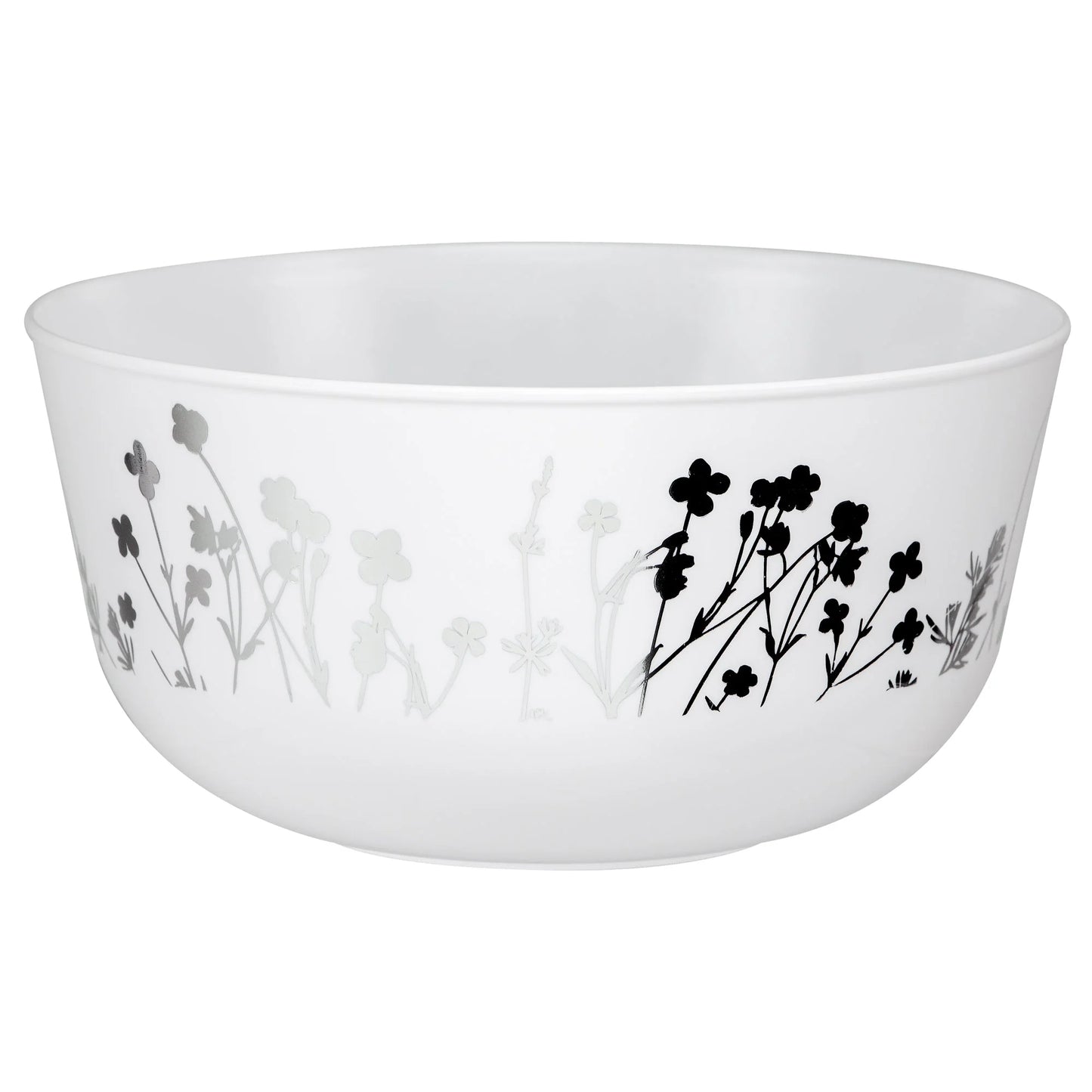 Wildflower 24oz Silver on White Bowl, floral silver accents on a white background, perfect for serving salads, soups, and desserts at events, parties, and gatherings