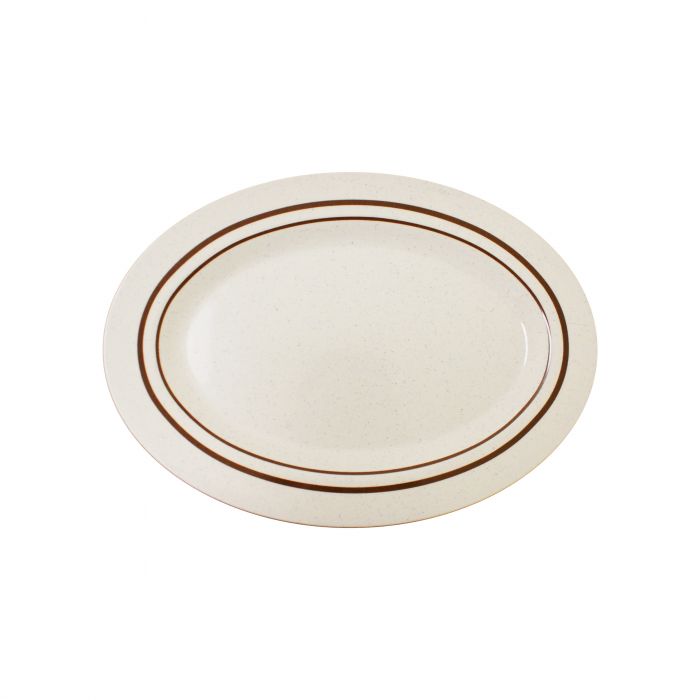 Thunder Group Platter 6/Pcs is perfect for serving various appetizers and snacks. This stone-colored plate with brown border will bring some friendly ambiance to your food presentation. Manufactured from a durable plastic material this dinnerware is extremely popular for its nearly unbreakable structure. However, with heat resistance of up to 212° F or 100° C, melamine is not suitable for cooking and warming foods in a microwave or oven. It is dishwasher safe.