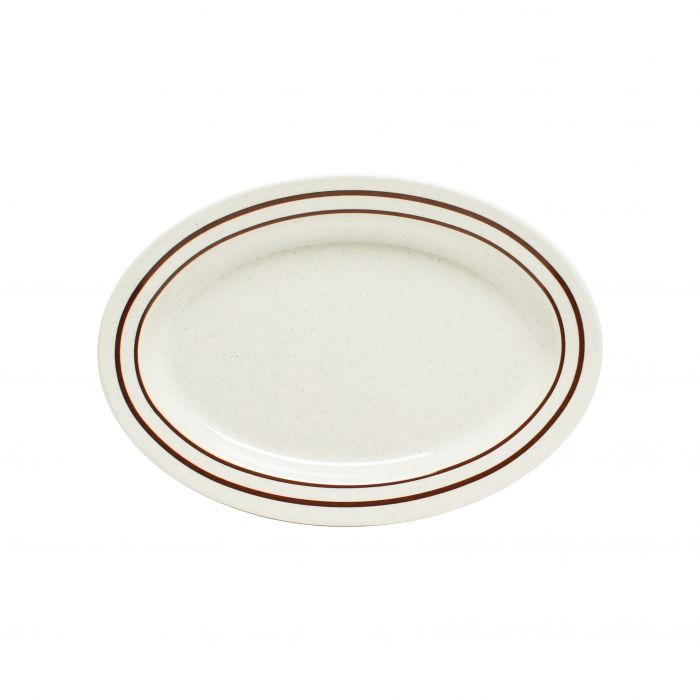 Thunder Group Platter 12/Pcs is perfect for serving various appetizers and snacks. This stone-colored plate with brown border will bring some friendly ambiance to your food presentation. Manufactured from a durable plastic material this dinnerware is extremely popular for its nearly unbreakable structure. However, with heat resistance of up to 212° F or 100° C, melamine is not suitable for cooking and warming foods in a microwave or oven. It is dishwasher safe.