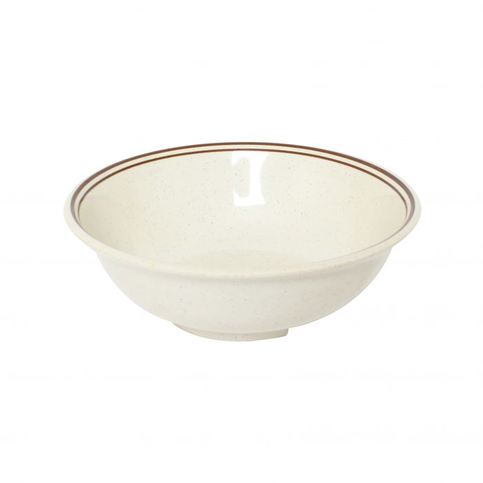 Thunder Group Rim Soup Bowl 12/Pcs is perfect for serving miso soup, soba, ramen, kimchi and other Asian dishes. This stone-colored bowl with brown border will bring some friendly ambiance to your food presentation. Manufactured from a durable plastic material this dinnerware is extremely popular for its nearly unbreakable structure. However, with heat resistance of up to 212° F or 100° C, melamine is not suitable for cooking and warming foods in a microwave or oven. It is dishwasher safe.