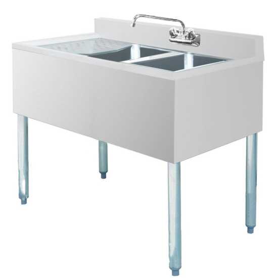 Prepline stainless steel 2 bowl underbar hand sink with faucet and left drainboard, dimensions 36" x 18