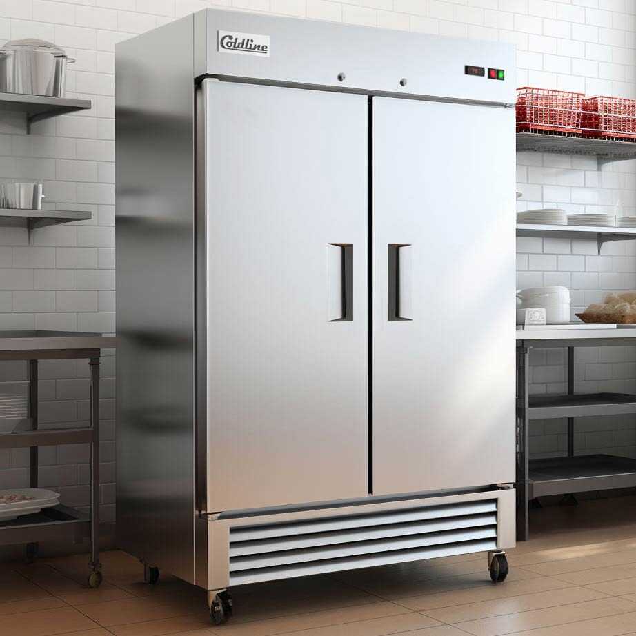 Two-door 54-inch reach-in refrigerator with a 32-inch depth, stainless steel interior and exterior, and a 41.3 cubic foot storage capacity.