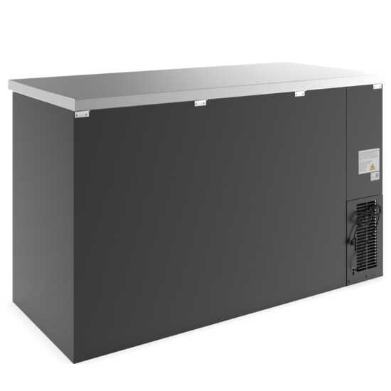 60-inch swing solid door back bar cooler in black, designed for effective cooling and secure storage. Ideal for bars and restaurants, providing ample space with a sleek, professional appearance.