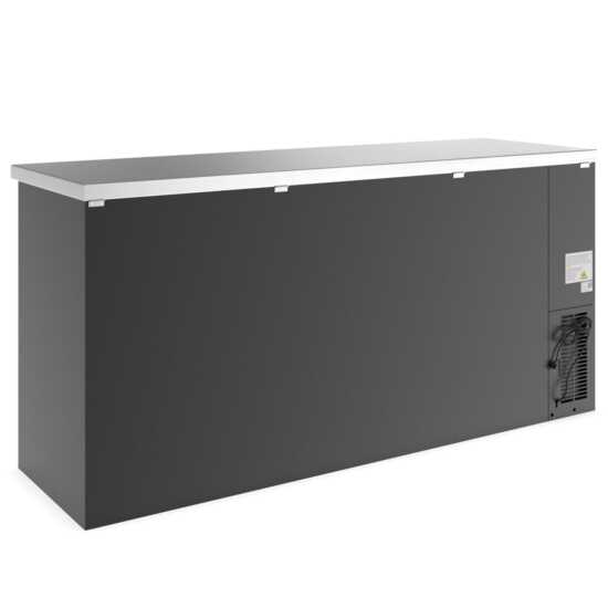 72-inch swing solid door back bar cooler in black, designed for robust cooling and secure storage. Perfect for bars and restaurants, providing ample space with a sleek, professional finish.