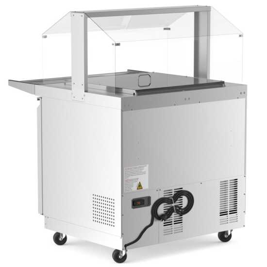 The Coldline CBT-36-CSG is a 36-inch stainless steel refrigerated salad bar with a sneeze guard, tray slide, and pan cover, ideal for maintaining food safety and freshness in buffet and salad setups.