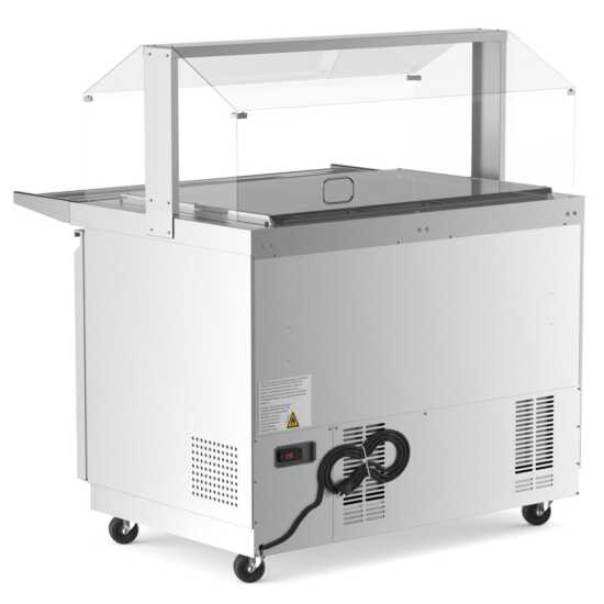 The Coldline CBT-48-CSG is a 48-inch stainless steel refrigerated salad bar featuring a sneeze guard, tray slide, and pan cover, designed to keep food fresh and protected in buffet and salad setups.