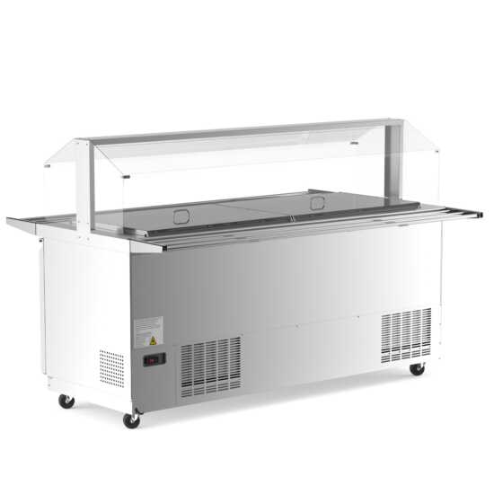 The Coldline CBT-72-CSG is a 72-inch stainless steel refrigerated salad bar with a sneeze guard, tray slide, and pan cover, designed for large buffets to keep salads and cold dishes fresh and safe.