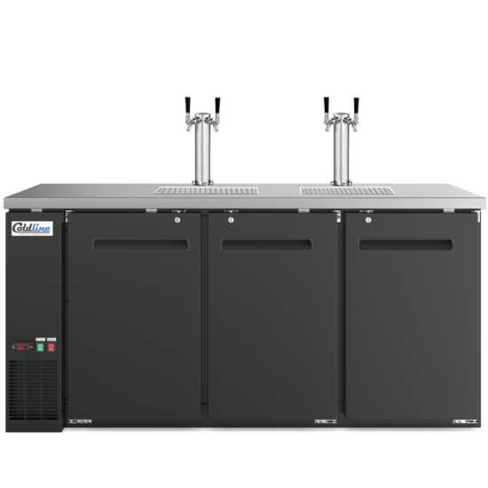 Coldline CDD-72 72-inch black refrigerated direct draw beer dispenser with 4 taps. Designed for busy bars and restaurants, this large unit maintains beer at the perfect temperature and provides easy access from multiple taps.