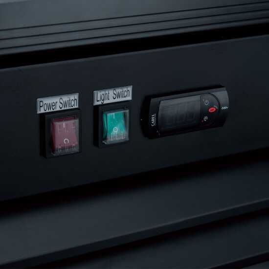 Coldline G48-B 48-inch two-glass door merchandiser refrigerator with LED lighting and a black exterior. This unit features dual glass doors for enhanced visibility and easy access to stored items, making it ideal for displaying and merchandising products in retail settings. The integrated LED lighting ensures optimal illumination for improved product presentation