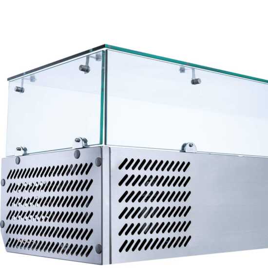 Coldline CTP80SG 80-inch refrigerated countertop salad bar with glass topping rail, featuring 9 pans. Ideal for restaurants and cafeterias, this unit keeps salads and toppings fresh and visible.