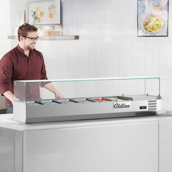 Coldline CTP60SG 60-inch refrigerated countertop salad bar with glass topping rail, featuring 6 pans. Perfect for displaying and chilling fresh salads and toppings in restaurants or cafeterias.