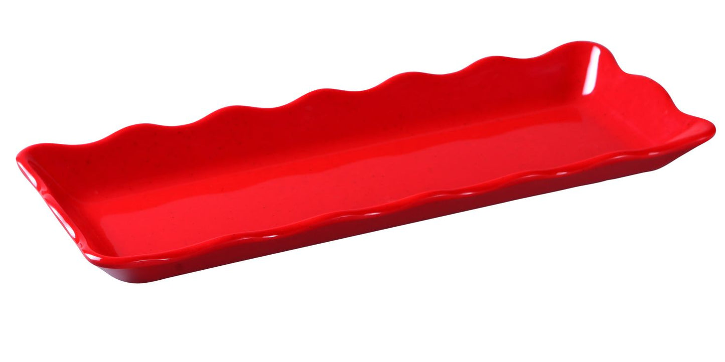 Yanco Scallop Edged Display Tray DC-6013R 12/Pcs Ideal for serving hot or cold appetizers, slices of bread, desserts, and other food for the entire table. Made from melamine material, it is popular for being reliable and having an unbreakable structure. The stylish Deli collection has a distinctive appearance featuring dinnerware With a glossy finish. It can be used in restaurants and catered events, outdoor dining areas, diners and cafes, and even hotels and poolside parties.